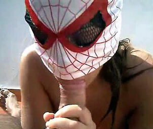 Warm friendly breezy in mask of spiderwoman throating my